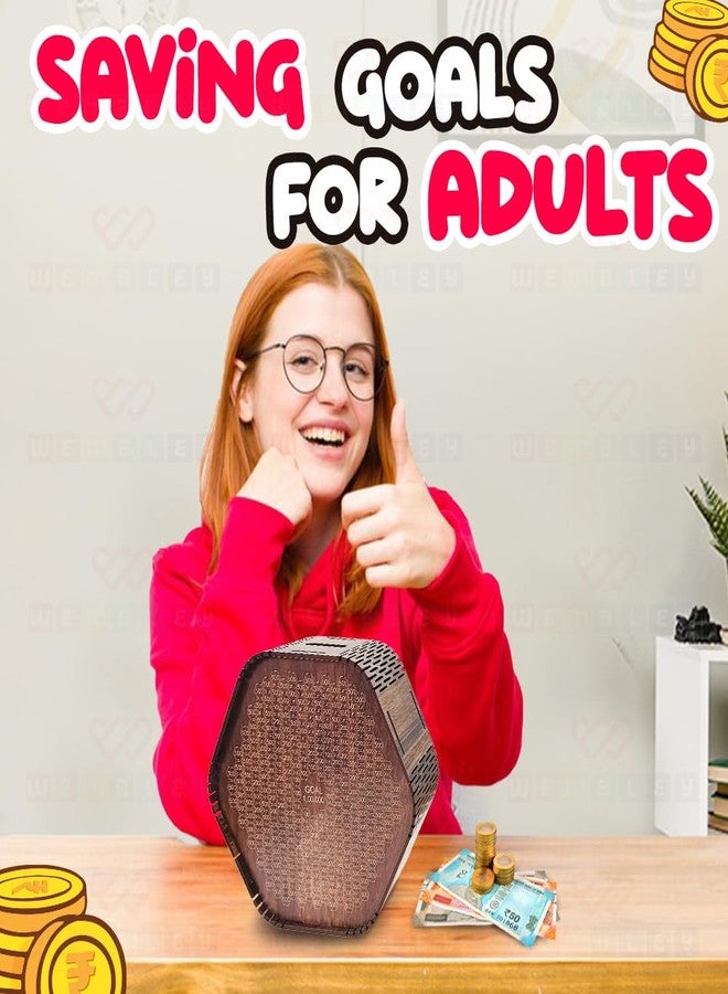 ويمبلي حصالة نقود خشبية عصرية من ويمبلي مع مخطط ادخار، أداة توفير المال للأطفال والكبار، حصالة عملات معدنية تحفيزية لتتبع الأهداف، هيكل خشبي متين للأولاد والبنات - سداسي الشكل - Image 5